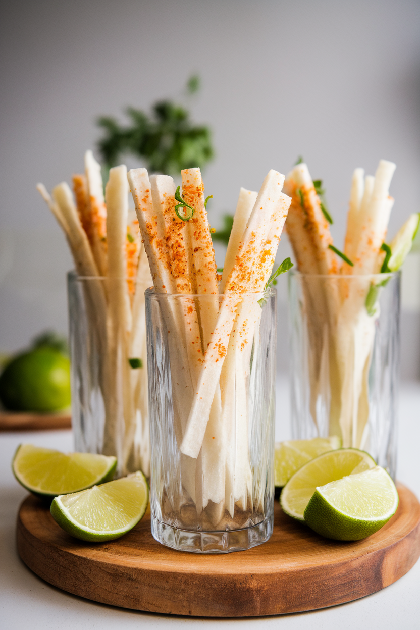 Indoor photo of tall glass tumblers holding crisp jicama sticks dusted with chili powder and lime zest, placed on a wooden board with lime wedges. No visible branding.