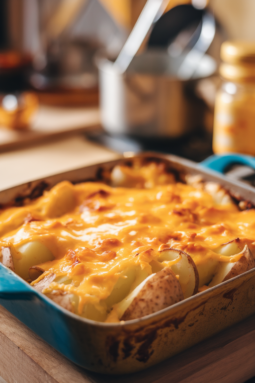 An indoor baking dish of layered potatoes bathed in bubbling cheese sauce, photo, no text or logos.
