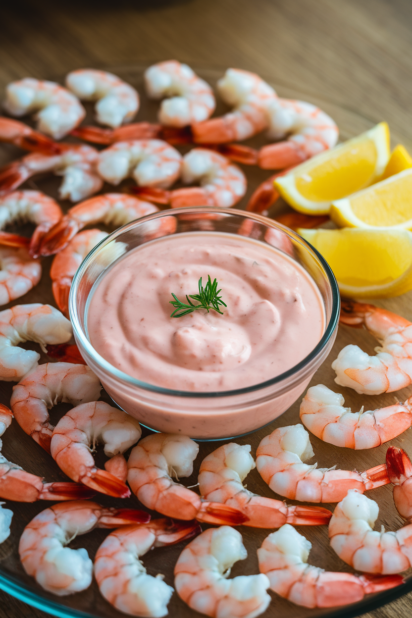 Indoor photo of chilled shrimp neatly arranged around a glass bowl of cocktail sauce, lemon wedges nearby; no text or logos