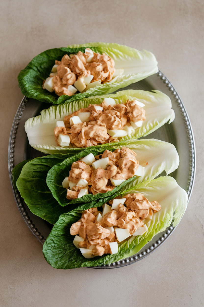 Indoor photo of chopped hard-boiled eggs bound with tahini dressing spooned into crisp romaine leaves on a platter. Neutral tabletop, no text or logos.