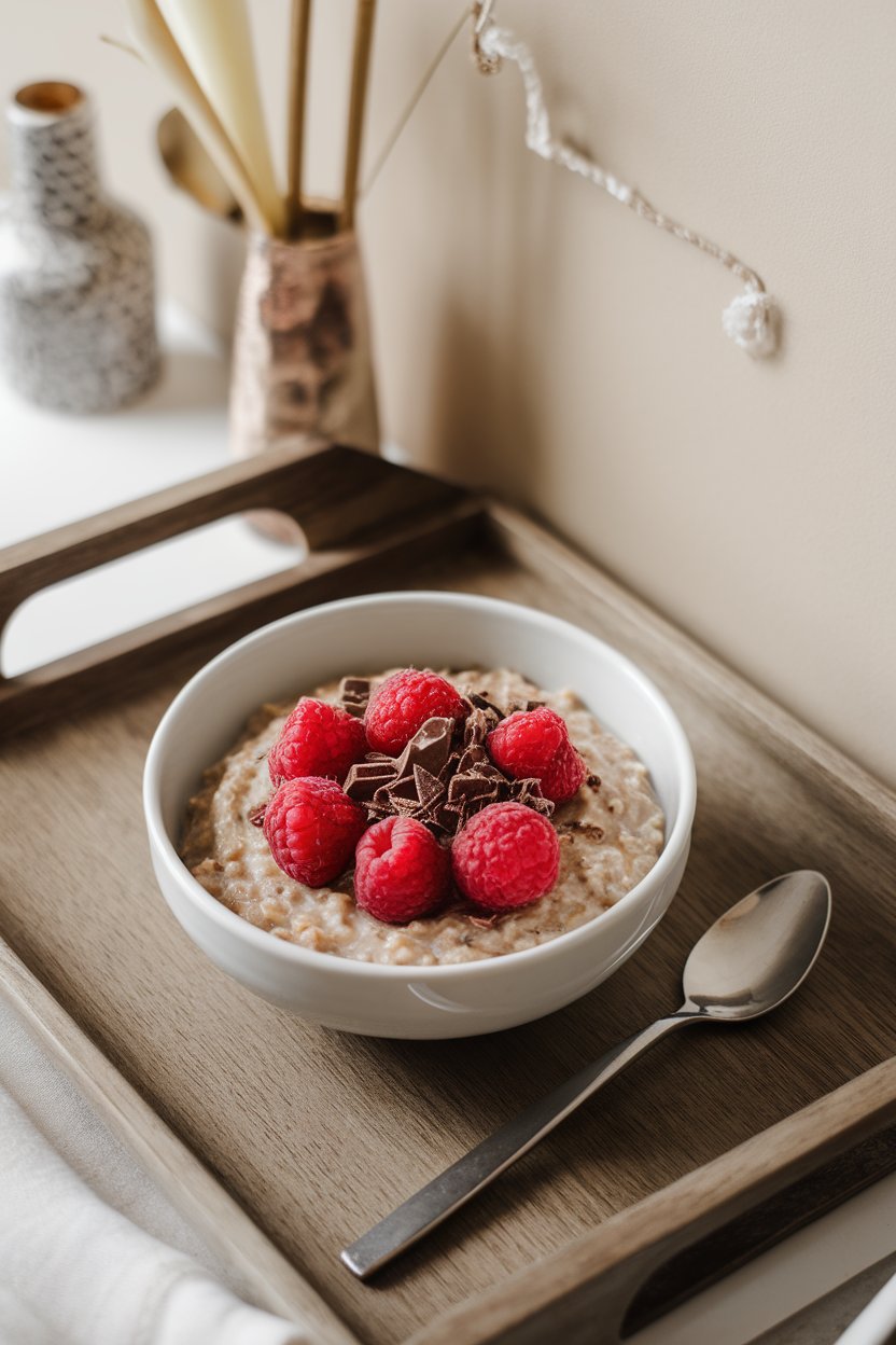 Indoor sophisticated breakfast tray featuring oatmeal with fresh raspberries and shaved dark chocolate. No text or logos. Photo.