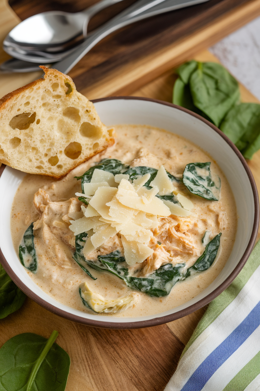 Indoor photo of creamy chicken chili with spinach leaves and artichoke hearts, parmesan sprinkle; no text or logos.