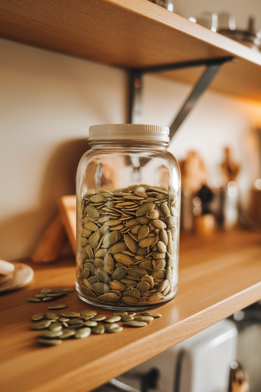 A glass storage jar of raw green pumpkin seeds on a kitchen shelf indoors, some seeds scattered artistically, no text or logos, photo.