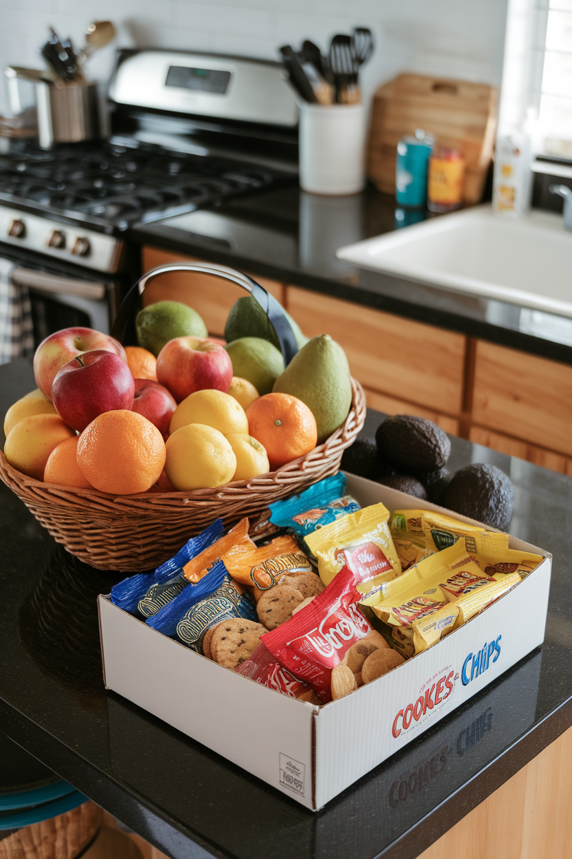 Indoor kitchen island displaying a basket of fresh produce beside a sealed box of processed snacks for contrast, no text or logos. Photo.