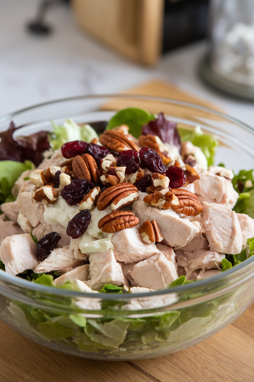 An indoor salad bowl containing diced chicken mixed with mayonnaise, chopped pecans, and sugar-free dried cranberries, leafy greens beneath. No text or logos. Photo, not illustration.