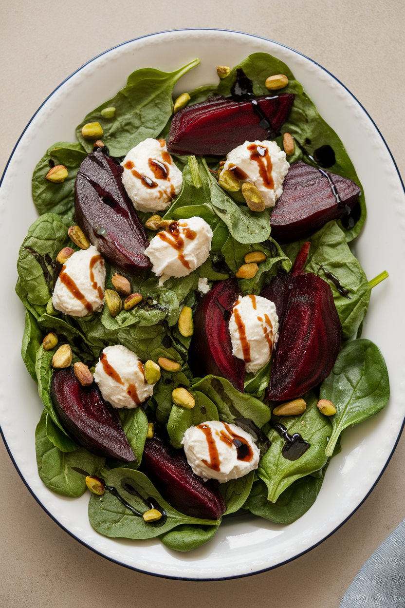 Indoor photo of baby spinach, roasted beet wedges, dollops of ricotta, and pistachios on a white platter, lightly drizzled with balsamic. Neutral background, no text or logos.