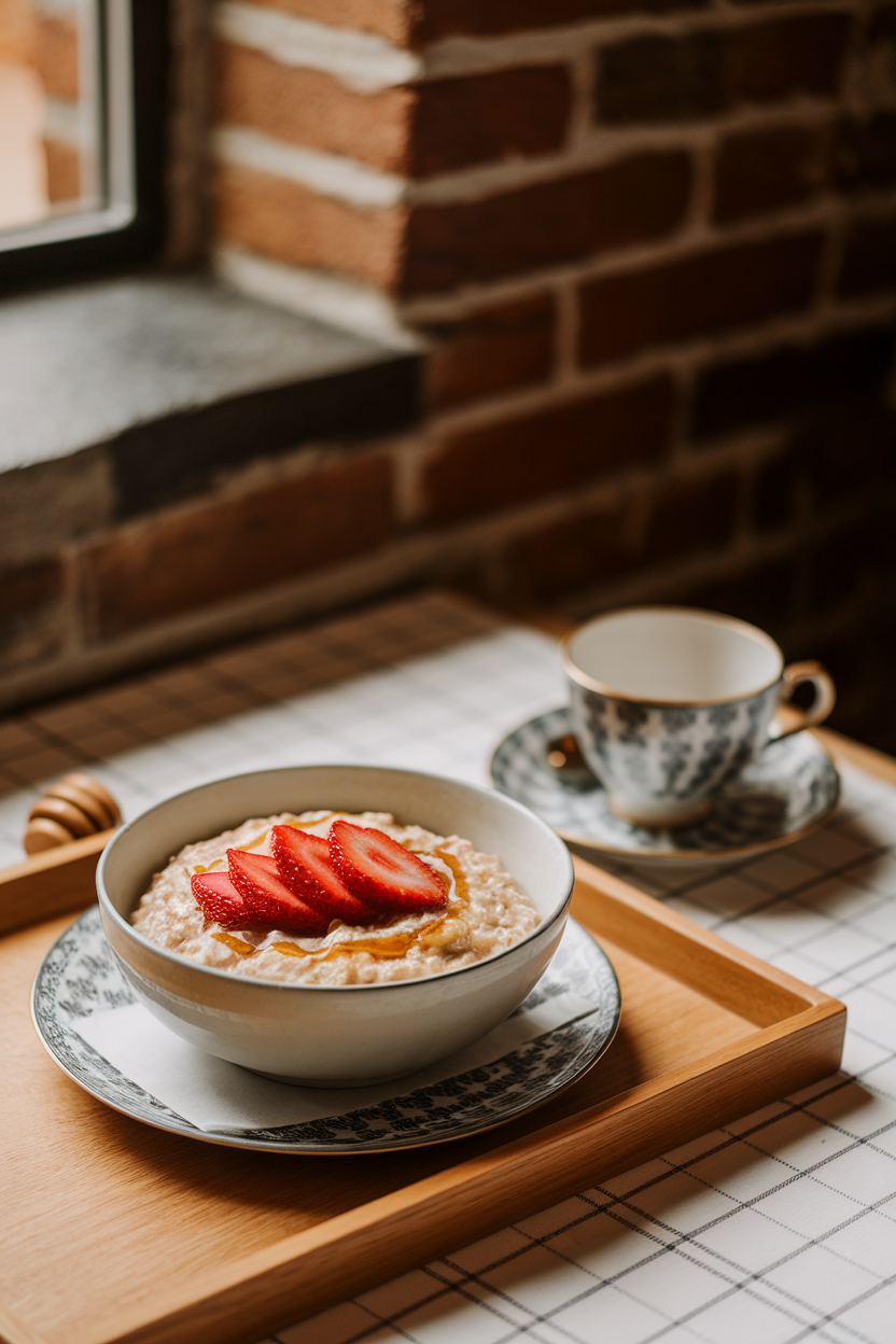 Indoor photo of a cozy bowl of oatmeal topped with sliced strawberries and a drizzle of honey on a breakfast table, no text or logos
