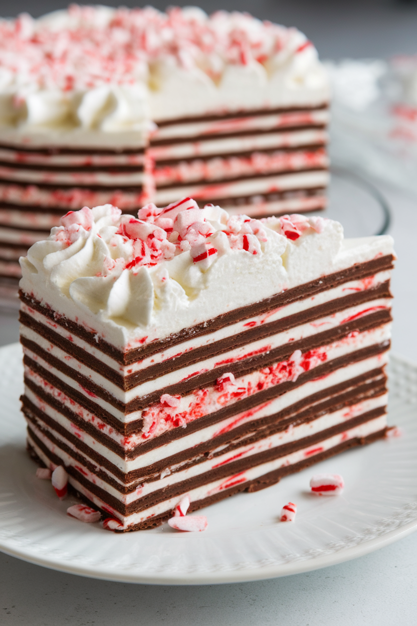 Indoor refrigerator-cake slice showing layers of chocolate wafer cookies and peppermint whipped cream, topped with crushed candy cane pieces. Warm kitchen lighting; photo only, no text.