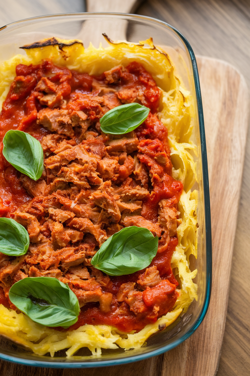 Indoor shot of a casserole filled with spaghetti squash strands, turkey marinara, and fresh basil ribbons baked together, lightly browned on top. No branding or text.