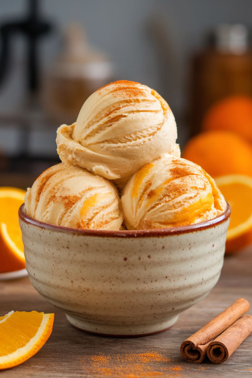 An indoor ceramic bowl filled with creamy orange banana-based ice cream sprinkled with pumpkin pie spice—no text or logos; photo, not illustration