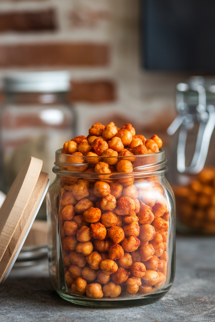 Photo of crunchy roasted chickpeas with paprika dusting in a glass jar indoors. No text or logos.