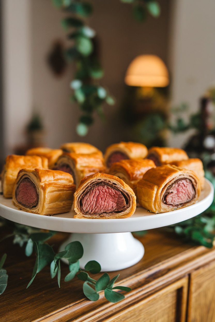 Indoor white platter showing individual beef Wellington bites wrapped in puff pastry with visible medium-well filet centers; no text or logos