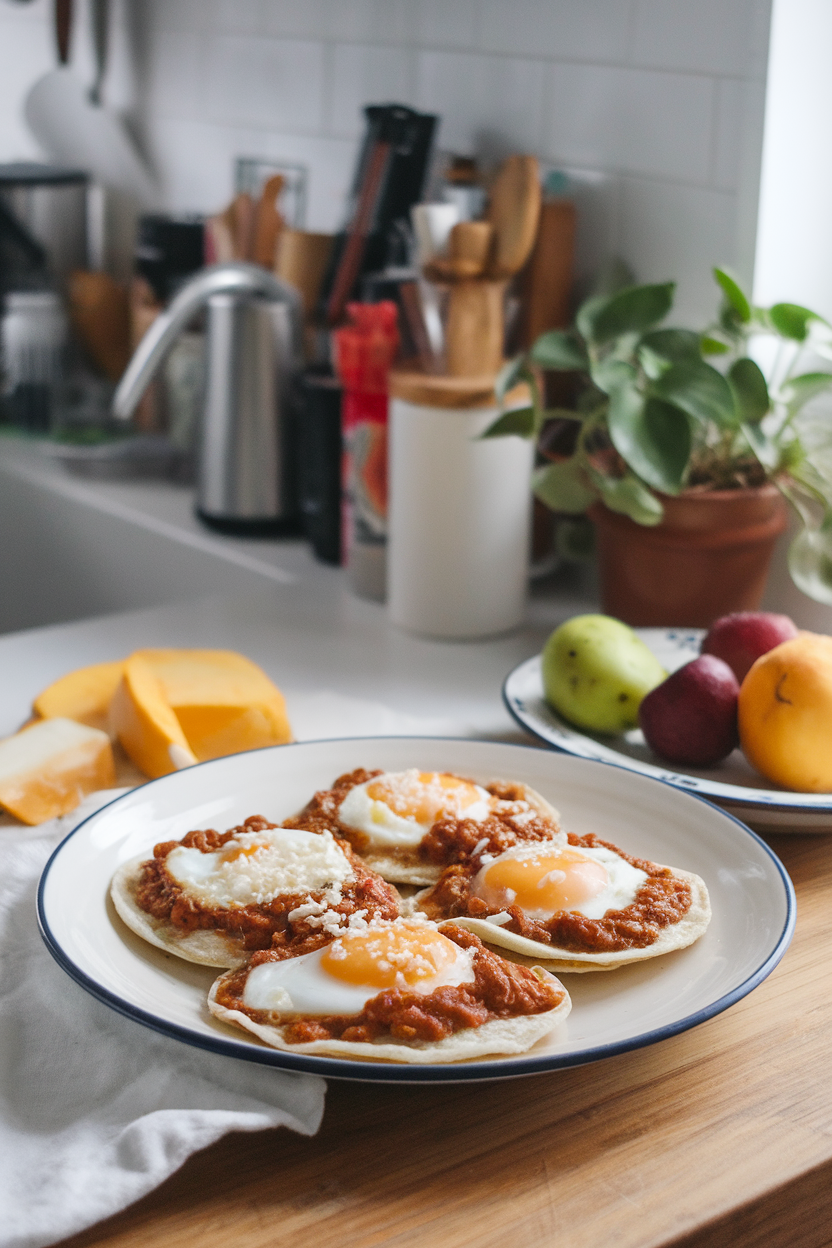 A morning kitchen table shot of egg-filled tortillas topped with roasted green chile sauce and a sprinkle of queso fresco, no logos.