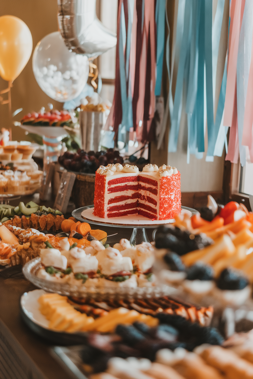 An indoor party buffet with a vivid red velvet cake slice, cream cheese frosting layers visible, little gold star sprinkles on top. No text or logos. Photo, not illustration.