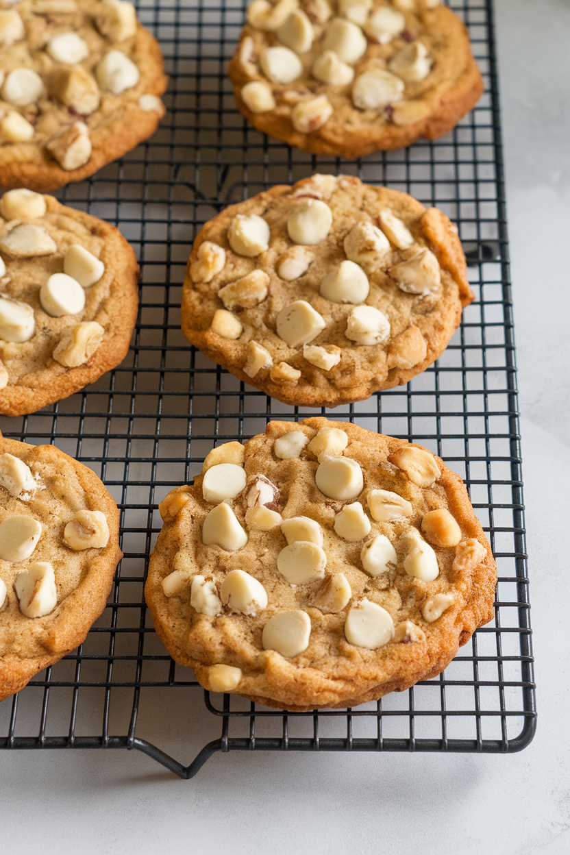 A cooling rack indoors holding large cookies studded with white chocolate chunks and macadamia nuts, golden edges visible. No text or logos.