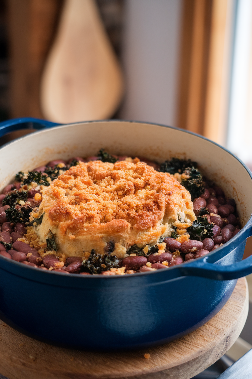 An indoor Dutch oven filled with bubbling navy bean cassoulet studded with chopped kale and breadcrumbs. No text or logos.