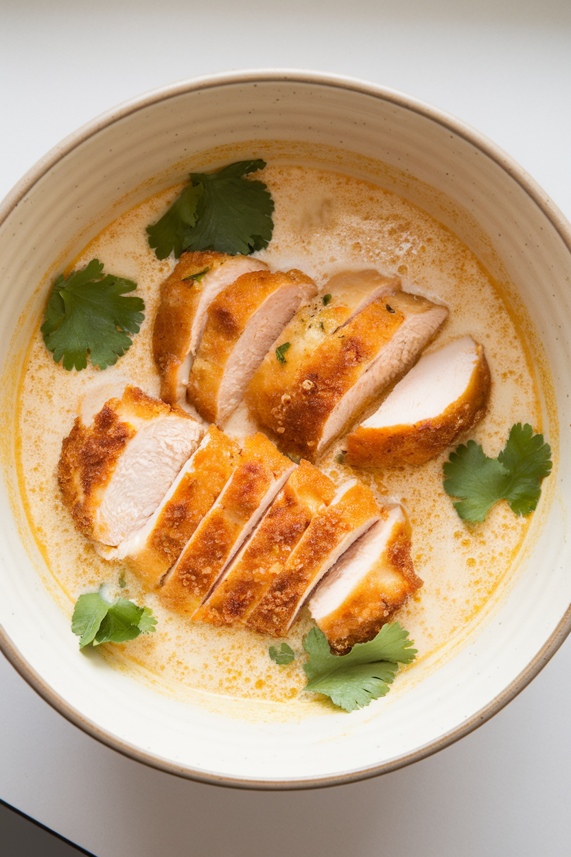 Indoor bowl with sliced air-fried chicken breast bathed in light coconut curry sauce, cilantro sprinkled over, overhead shot. No text or logos.