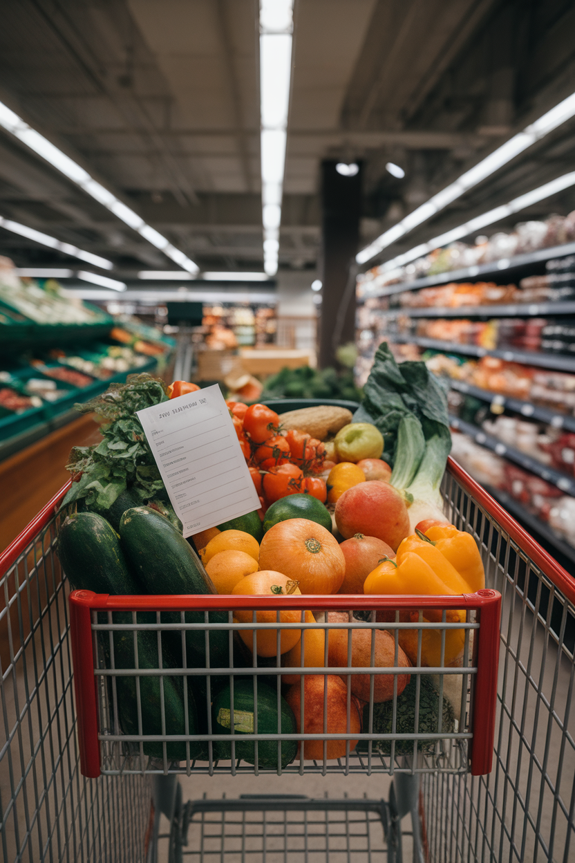 Grocery cart indoors containing fresh produce and a visible paper list (words not readable), shot from the shopper’s perspective. No text or logos. Photo, not illustration.