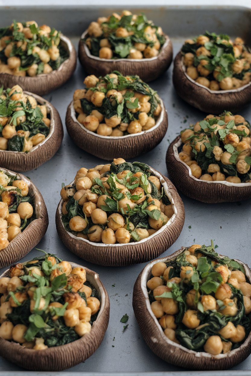 An indoor baking tray with large portobello caps filled with chickpea-spinach mixture, topped with chopped herbs. No text or logos; photo only.