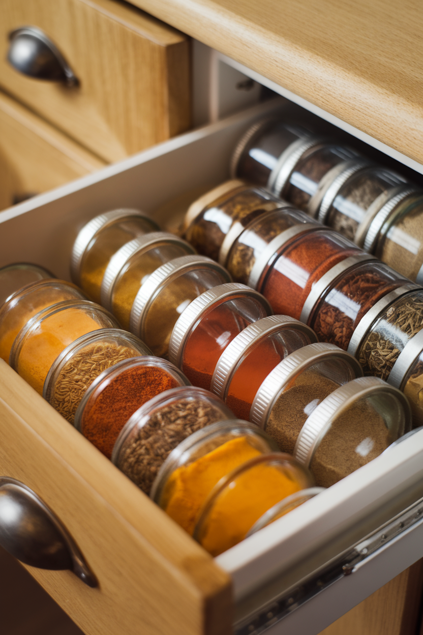 An indoor spice drawer open to reveal colorful jars of turmeric, cumin, smoked paprika, and oregano, neatly arranged. No labels with logos. Photo.
