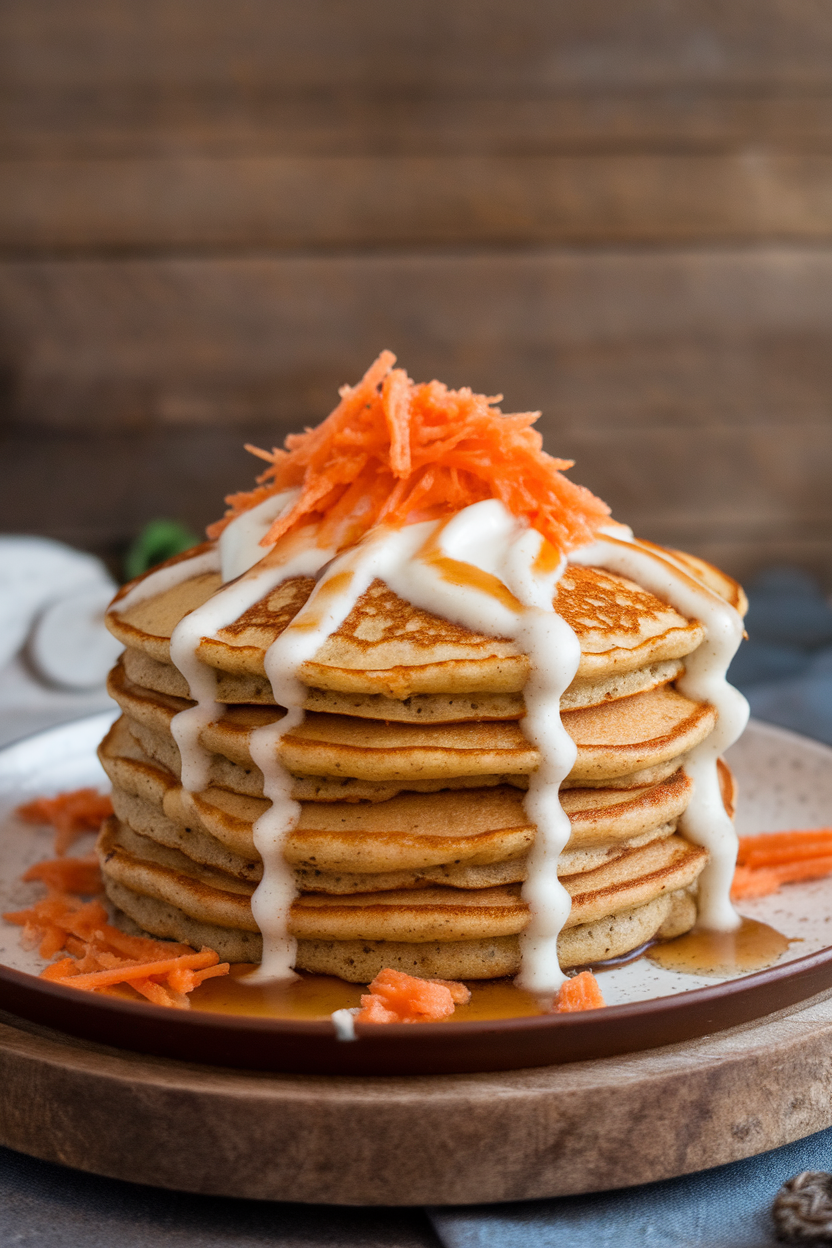 Indoor photo of spice-speckled pancakes showing shredded carrot bits, topped with maple-cream cheese drizzle; no text or logos.