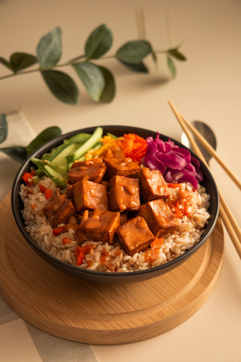 Wide bowl with brown rice, sautéed tempeh slices glazed with ginger-garlic sauce, and rainbow veggies, indoor setting, no text or logos.