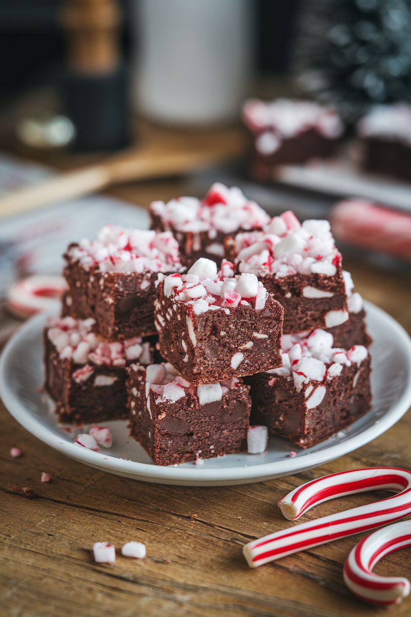 An indoor plate of bite-size fudgy brownies topped with crushed candy canes, no text or logos.