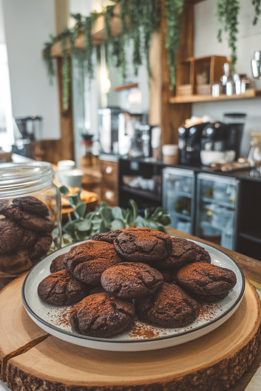 Photo prompt: A plate of dark espresso-black-bean cookies sprinkled with cocoa powder, indoor coffee-bar setting, no logos.