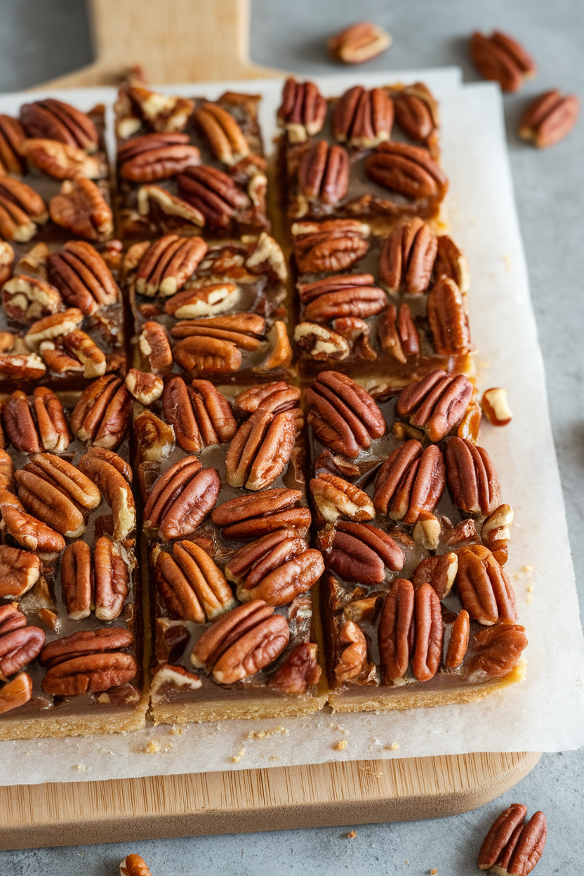 An indoor cutting board with neat squares of pecan pie bars atop buttery shortbread crust, pecans glossy. No text or logos. Photo.