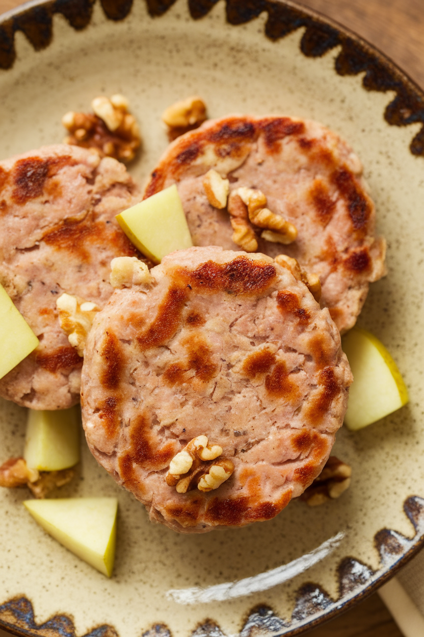 Indoor photo of cooked turkey breakfast sausage patties speckled with apple and walnut pieces on a ceramic plate, no text or logos.