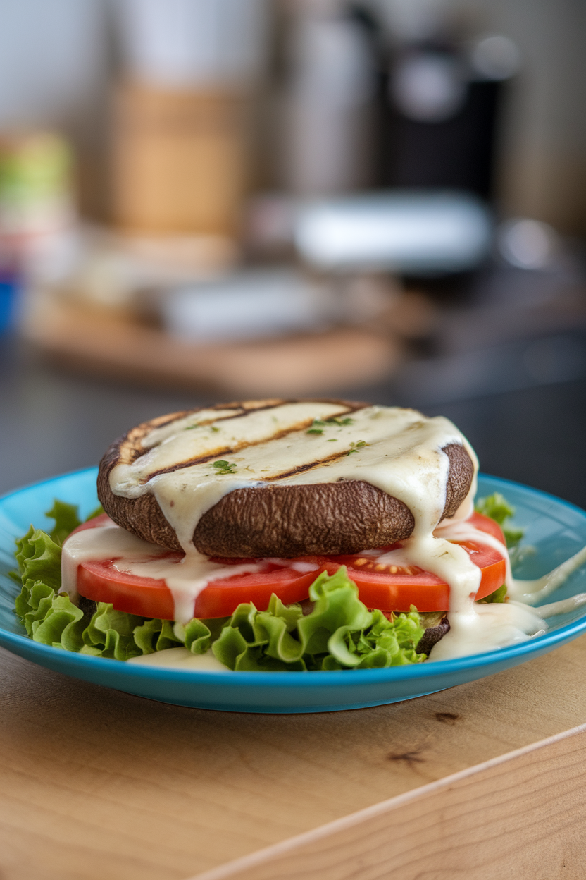 Indoor plate featuring a grilled Portobello mushroom cap stacked with lettuce, tomato, and melted provolone, no bun. No text or logos. Photo, not illustration.