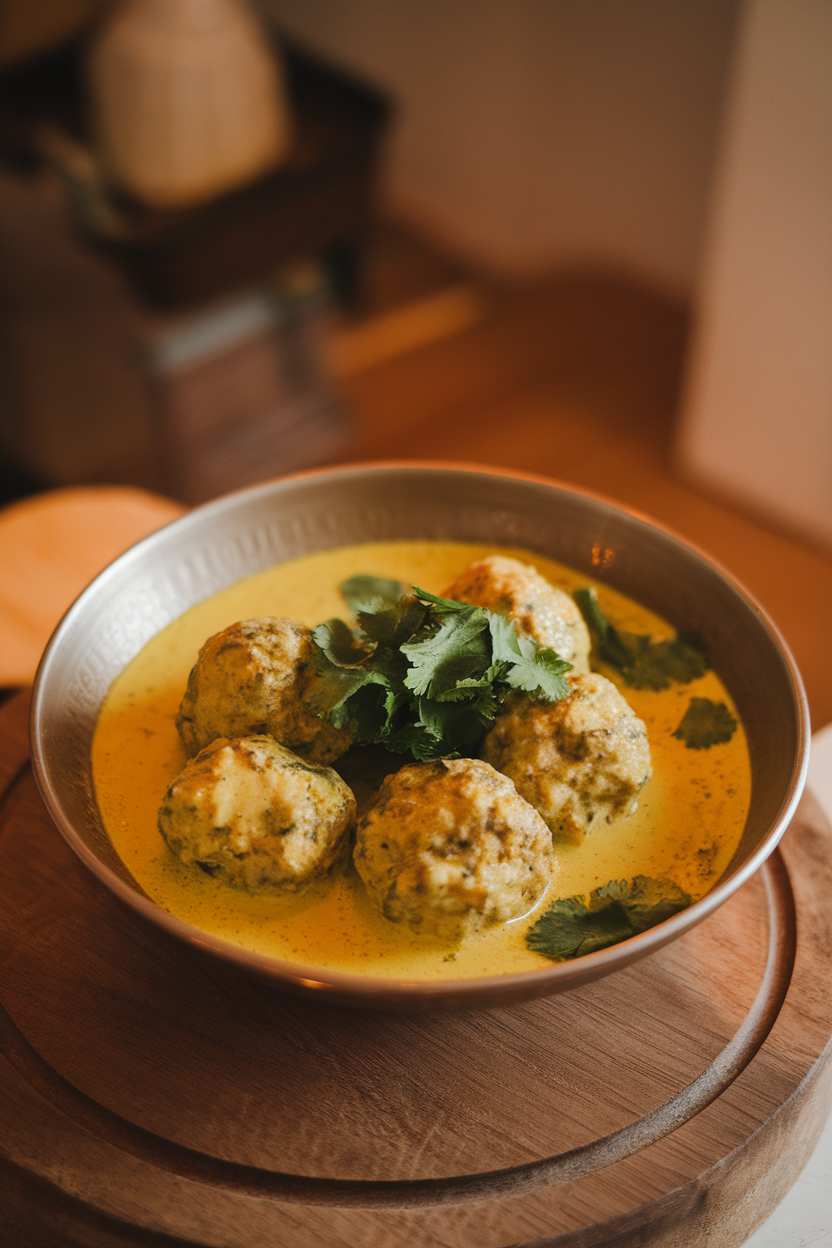 Indoor photo of a shallow bowl containing meatballs swimming in creamy yellow coconut curry sauce, garnished with cilantro. No text or logos.