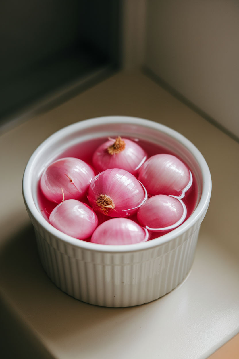 Indoor ramekin of pink pickled pearl onions glistening in ambient light. No text or logos.