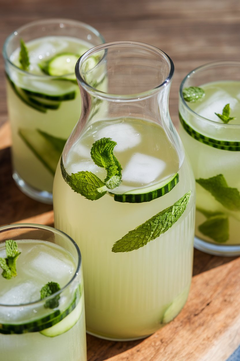 Indoor carafe of pale green cucumber drink with floating mint leaves and ice cubes; bright daylight, no text or logos.