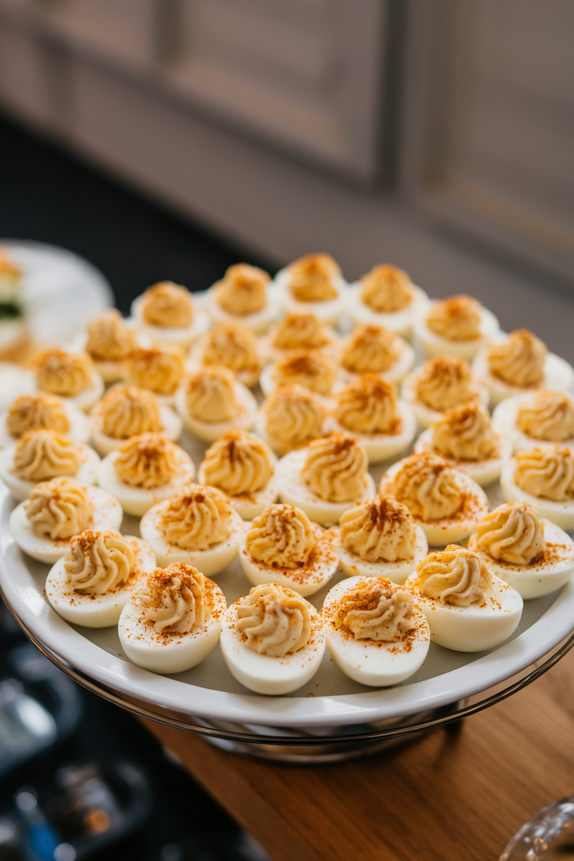 Indoor photo of a white serving tray filled with deviled eggs dusted generously with everything-bagel seasoning, yolk centers creamy and piped high. No text or logos.