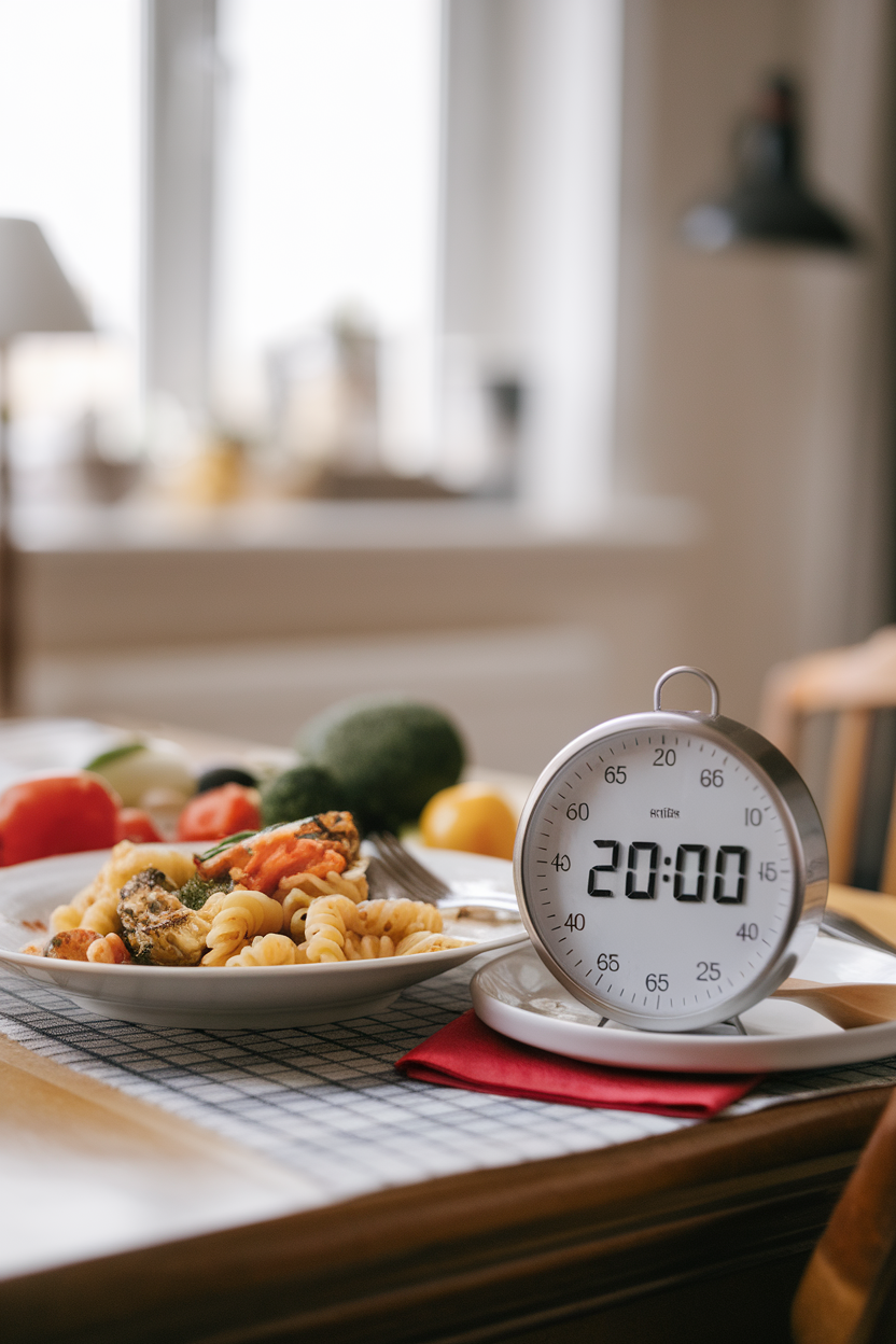 A kitchen timer reading 20:00 next to a half-eaten plate of pasta and vegetables on an indoor dining table. No text or brand names visible.