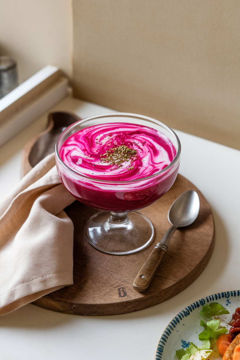 Photo prompt: An indoor dining table setting with a glass bowl of vibrant pink beetroot raita, swirled yogurt visible, and a sprinkle of cumin on top. No text or logos in frame.
