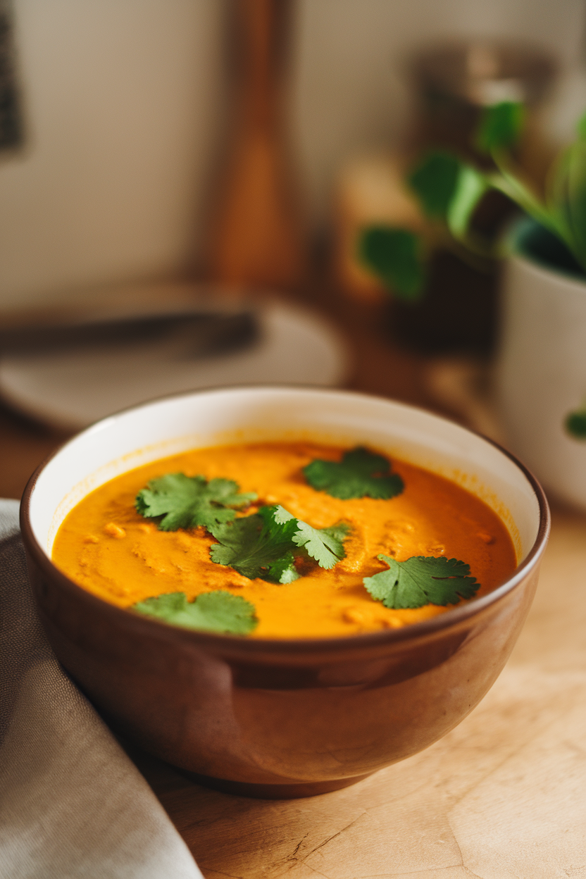 Photo of an indoor soup bowl filled with golden turmeric coconut lentil soup, cilantro leaves floating on top. No logos in frame.