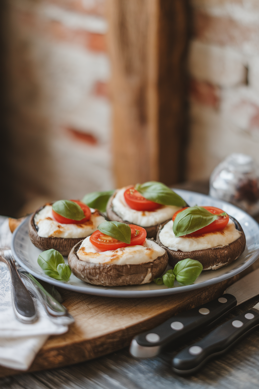 An indoor countertop with Portobello mushroom caps filled with melted mozzarella, cherry tomato halves, and fresh basil leaves. No text or logos. Photo.