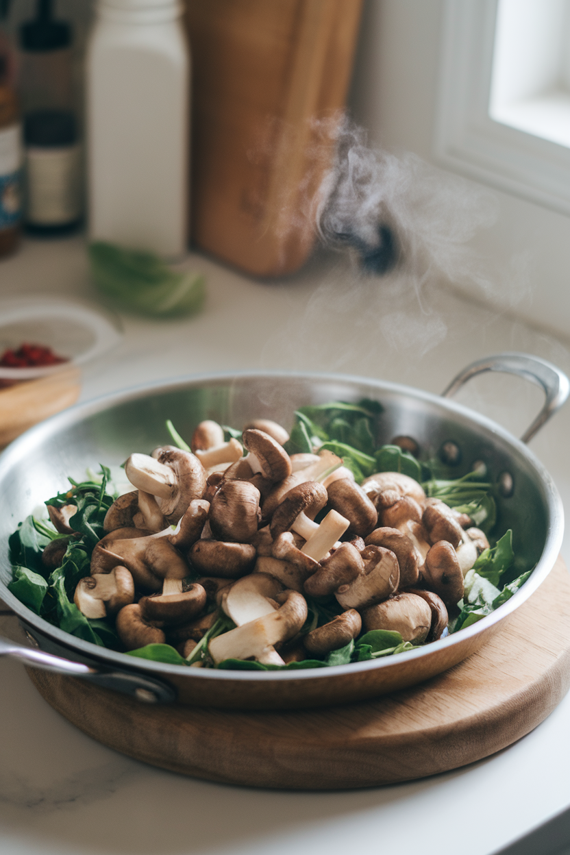 A softly lit indoor countertop with a shallow skillet of sautéed mixed mushrooms tossed over baby greens, steam visible. No text or logos. Photo.