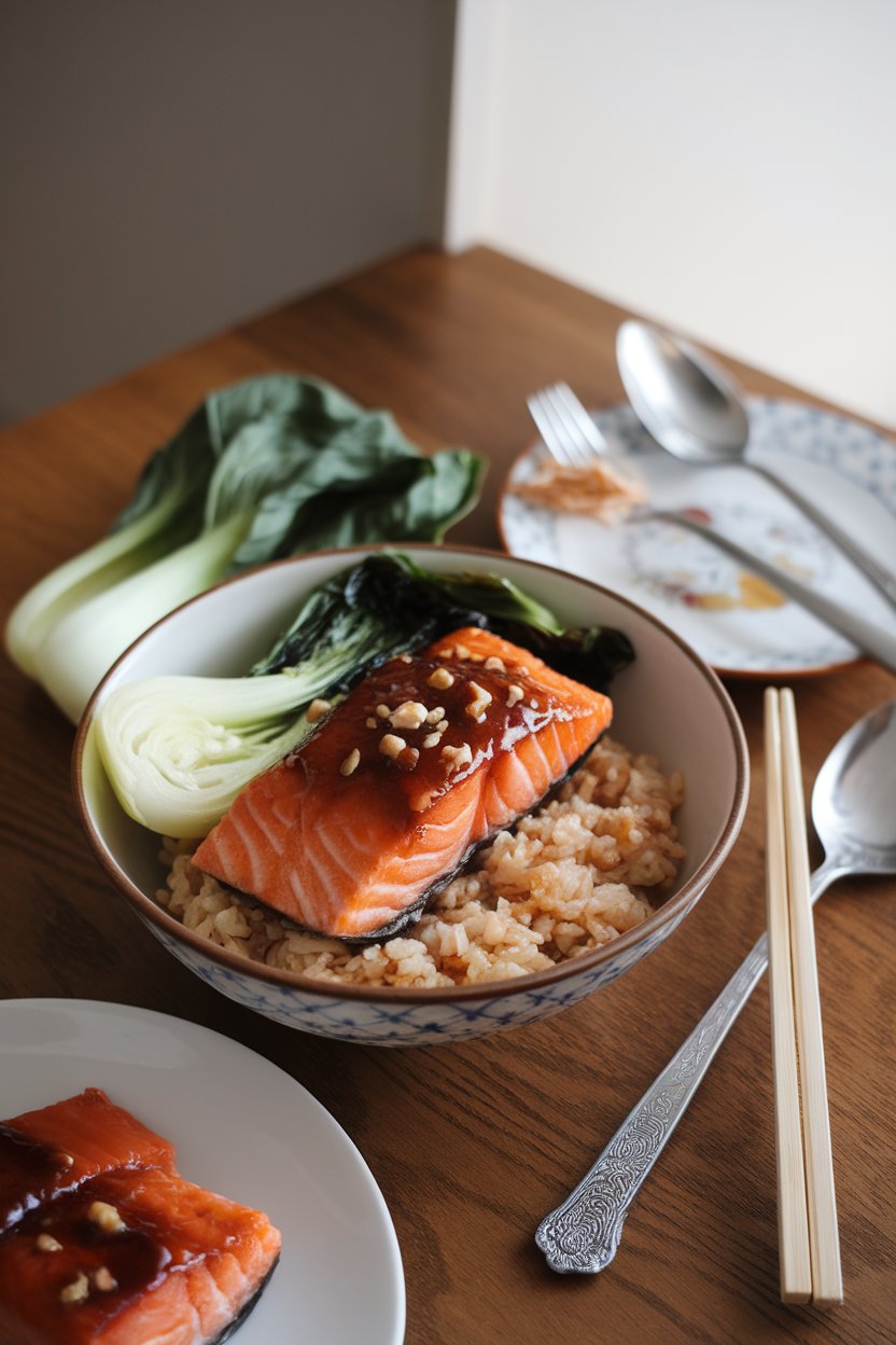 Indoor table setting with a bowl of brown rice topped with cooked salmon coated in glossy miso-ginger glaze, alongside steamed bok choy. No text or logos. Photo.