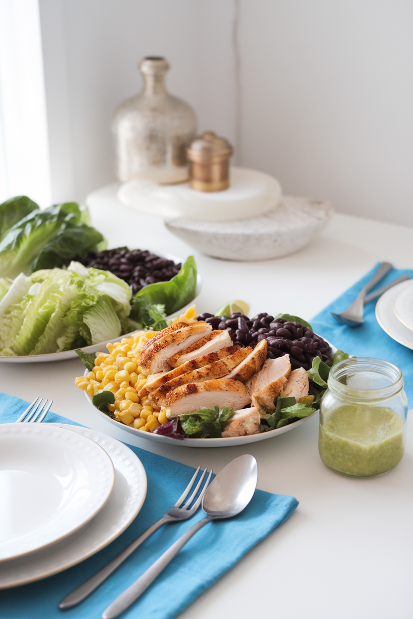 Bright indoor table displaying chopped romaine, grilled chicken, corn, black beans, and cilantro lime dressing in a small jar — photo, no text or logos