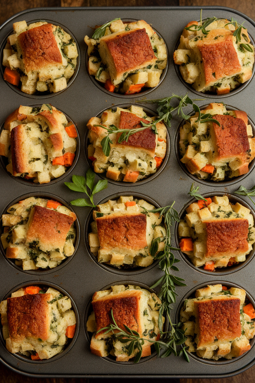 An indoor muffin tin filled with individual stuffing muffins made from cubed sourdough, herbs visible on top. This should be a photo, not an illustration. No text or logos anywhere in the scene.