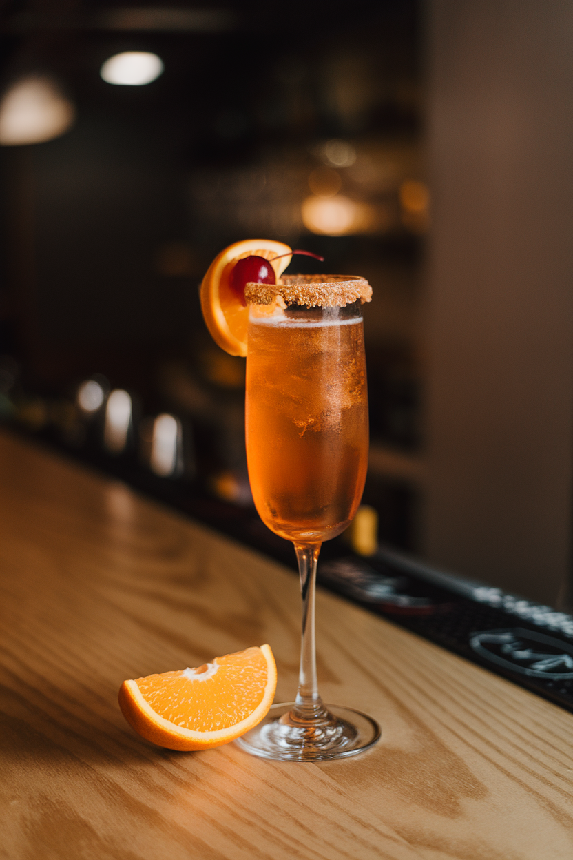 An indoor craft cocktail bar with a flute containing amber tamarind champagne cocktail, coarse sugar rim. Photo, not illustration. No text or logos.