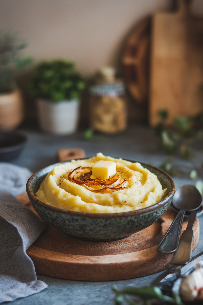Indoor kitchen counter with a rustic bowl of creamy mashed potatoes swirled with roast garlic and topped with a small knob of melting butter. Soft overhead lighting, no text or logos on dishware.
