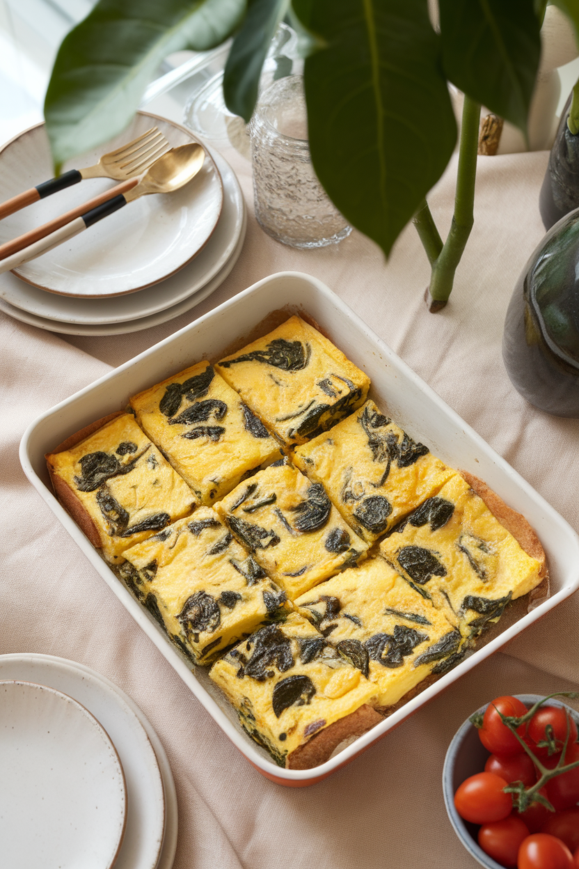 Indoor brunch table featuring a baking dish of golden frittata cut into squares, vibrant spinach and feta visible in each piece. No text or logos. Photo only.