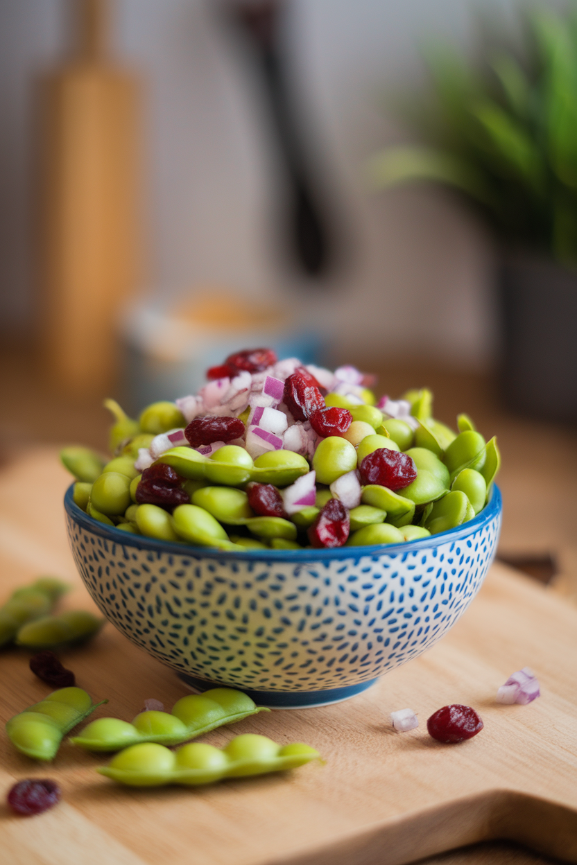 A bowl of bright green edamame mixed with dried cranberries and diced red onion, indoors. No text or logos.