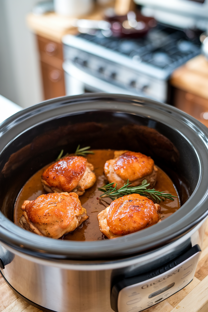 Indoor photo of glazed chicken thighs nestled in a crockpot insert, maple dijon sauce pooled underneath, no text or logos.