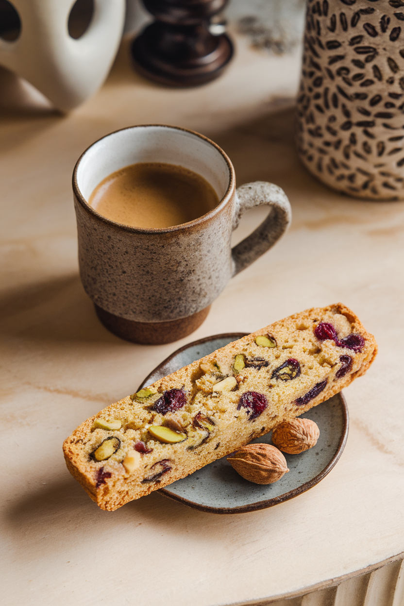 Indoor coffee table scene with long pistachio-cranberry biscotti resting beside a mug of espresso; no text or logos. Photo, not illustration.