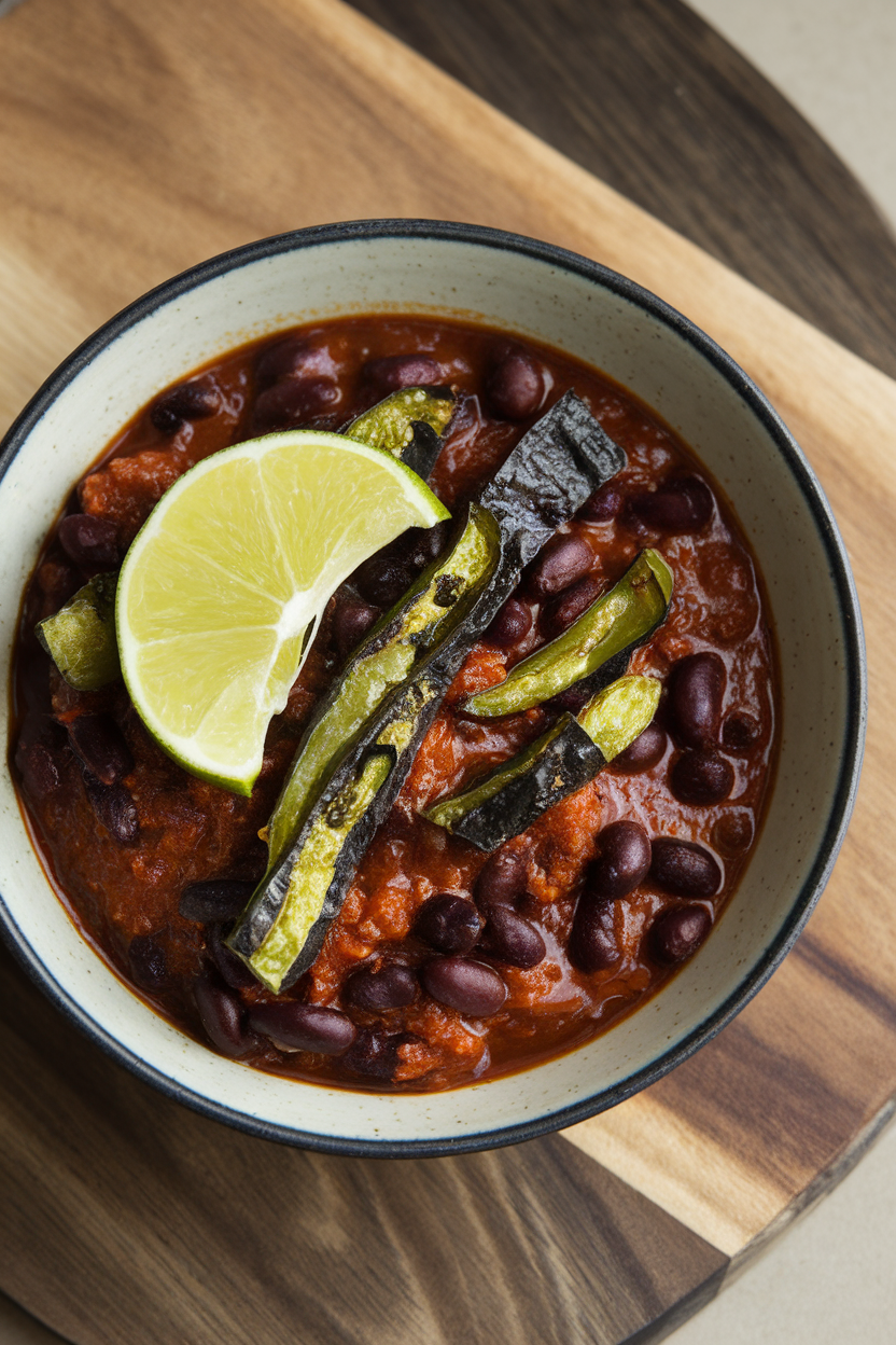 Indoor photo of dark chili with charred poblano strips and black beans, lime wedge on rim; no text or logos.